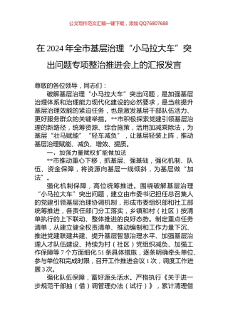 在2024年全市基层治理“小马拉大车”突出问题专项整治推进会上的汇报发言