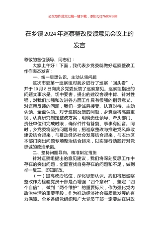 在乡镇2024年巡察整改反馈意见会议上的发言
