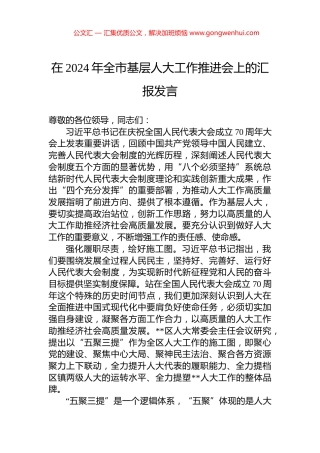 在2024年全市基层人大工作推进会上的汇报发言