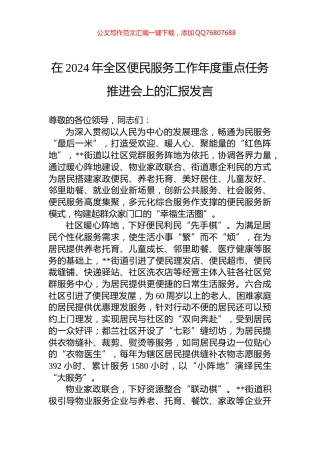在2024年全区便民服务工作年度重点任务推进会上的汇报发言
