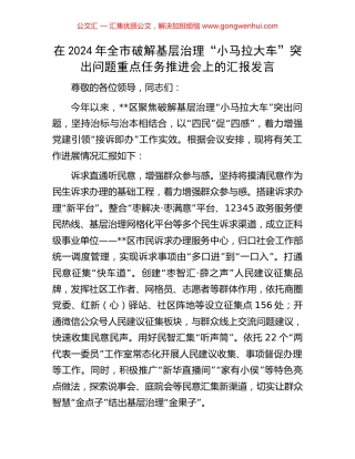 在2024年全市破解基层治理“小马拉大车”突出问题重点任务推进会上的汇报发言