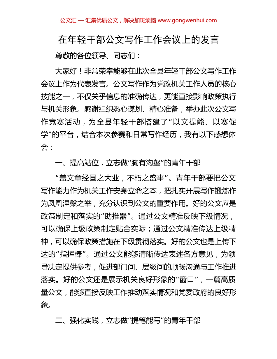 在年轻干部公文写作工作会议上的发言_第1页