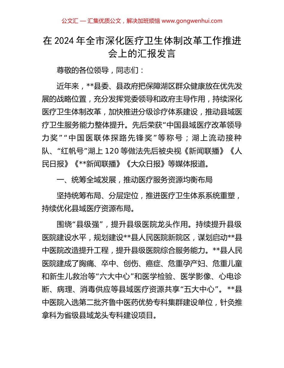 在2024年全市深化医疗卫生体制改革工作推进会上的汇报发言_第1页