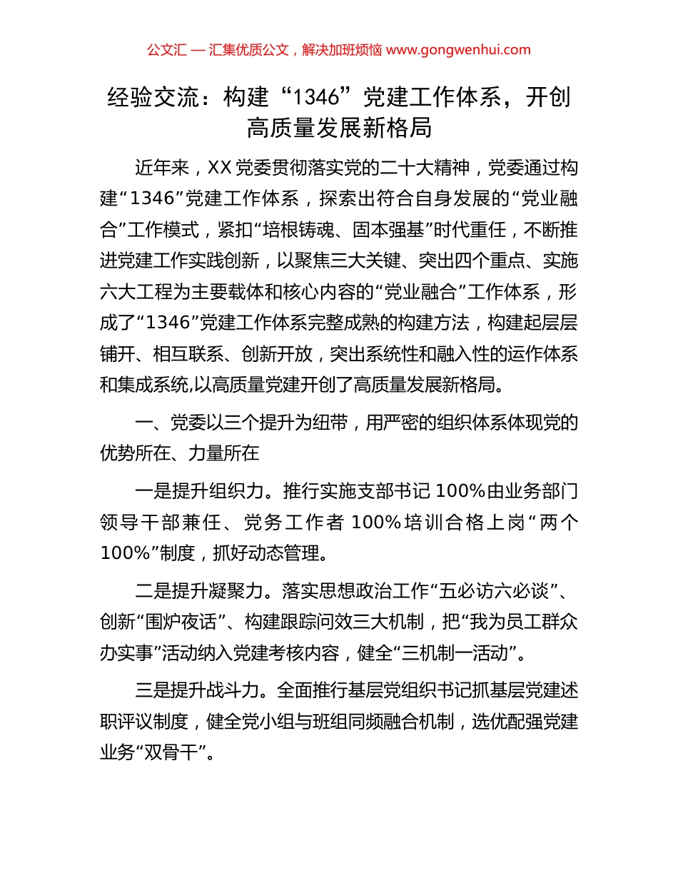 经验交流：构建“1346”党建工作体系，开创高质量发展新格局_第1页
