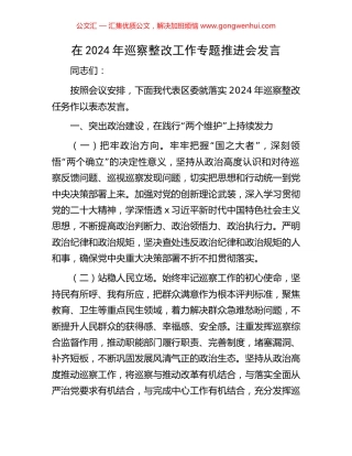 在2024年巡察整改工作专题推进会发言