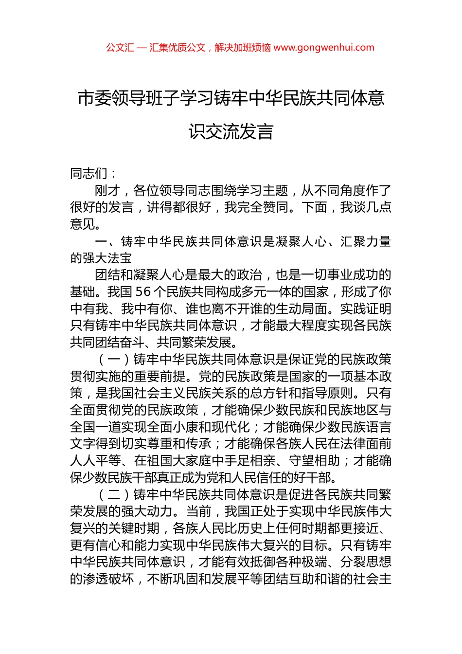 市委领导班子学习铸牢中华民族共同体意识交流发言_第1页
