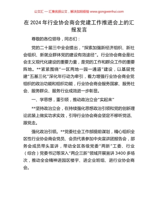 在2024年行业协会商会党建工作推进会上的汇报发言