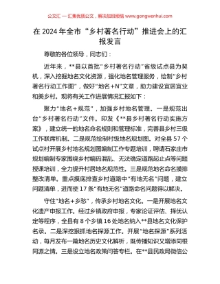 在2024年全市“乡村著名行动”推进会上的汇报发言