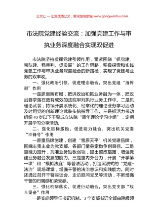 市法院党建经验交流：加强党建工作与审执业务深度融合实现双促进