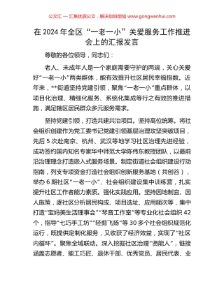 在2024年全区“一老一小”关爱服务工作推进会上的汇报发言
