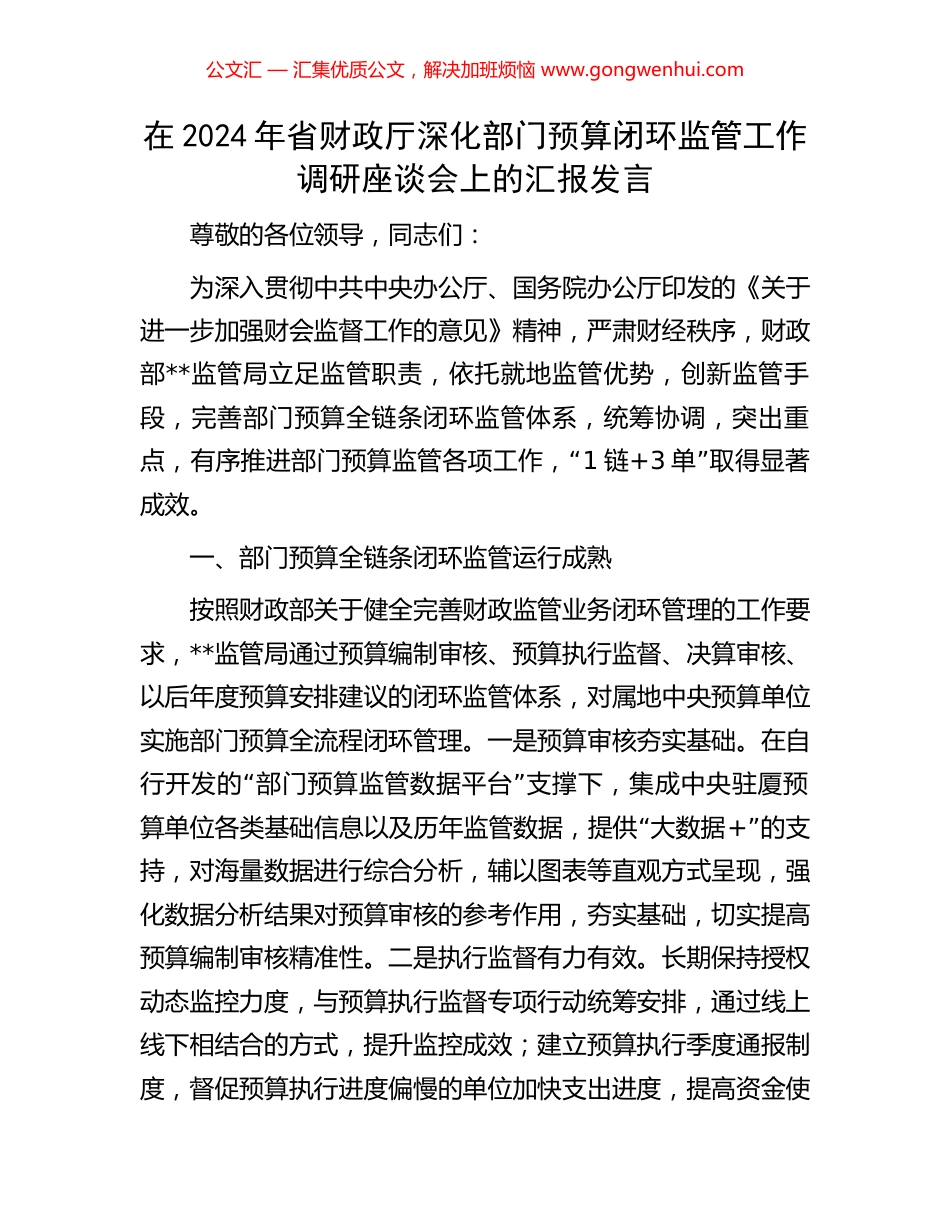 在2024年省财政厅深化部门预算闭环监管工作调研座谈会上的汇报发言_第1页