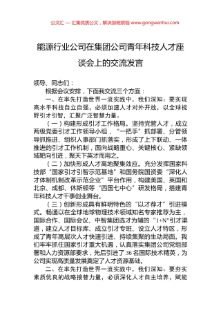 能源行业公司在集团公司青年科技人才座谈会上的交流发言