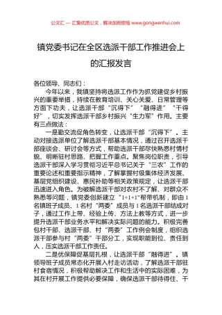 镇党委书记在全区选派干部工作推进会上的汇报发言