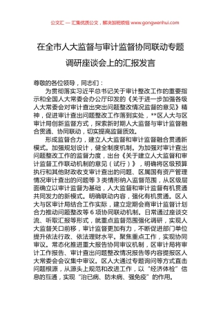 在全市人大监督与审计监督协同联动专题调研座谈会上的汇报发言