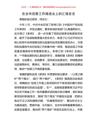在全市巡察工作推进会上的汇报发言
