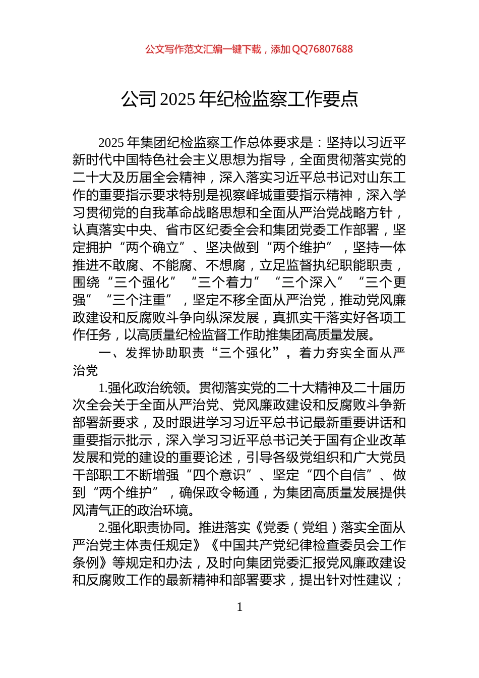 公司2025年纪检监察工作要点_第1页