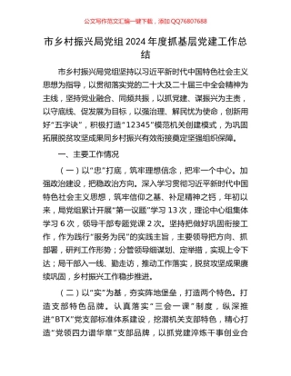 市乡村振兴局党组2024年度抓基层党建工作总结