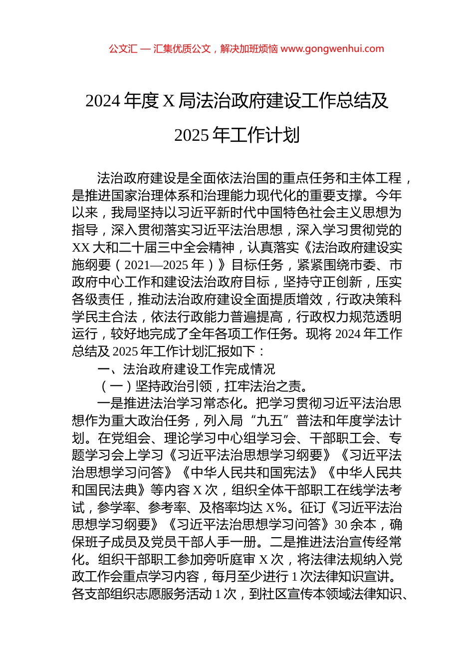 2024年度X局法治政府建设工作总结及2025年工作计划_第1页