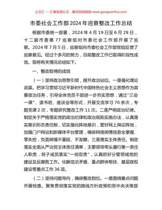 市委社会工作部2024年巡察整改工作总结