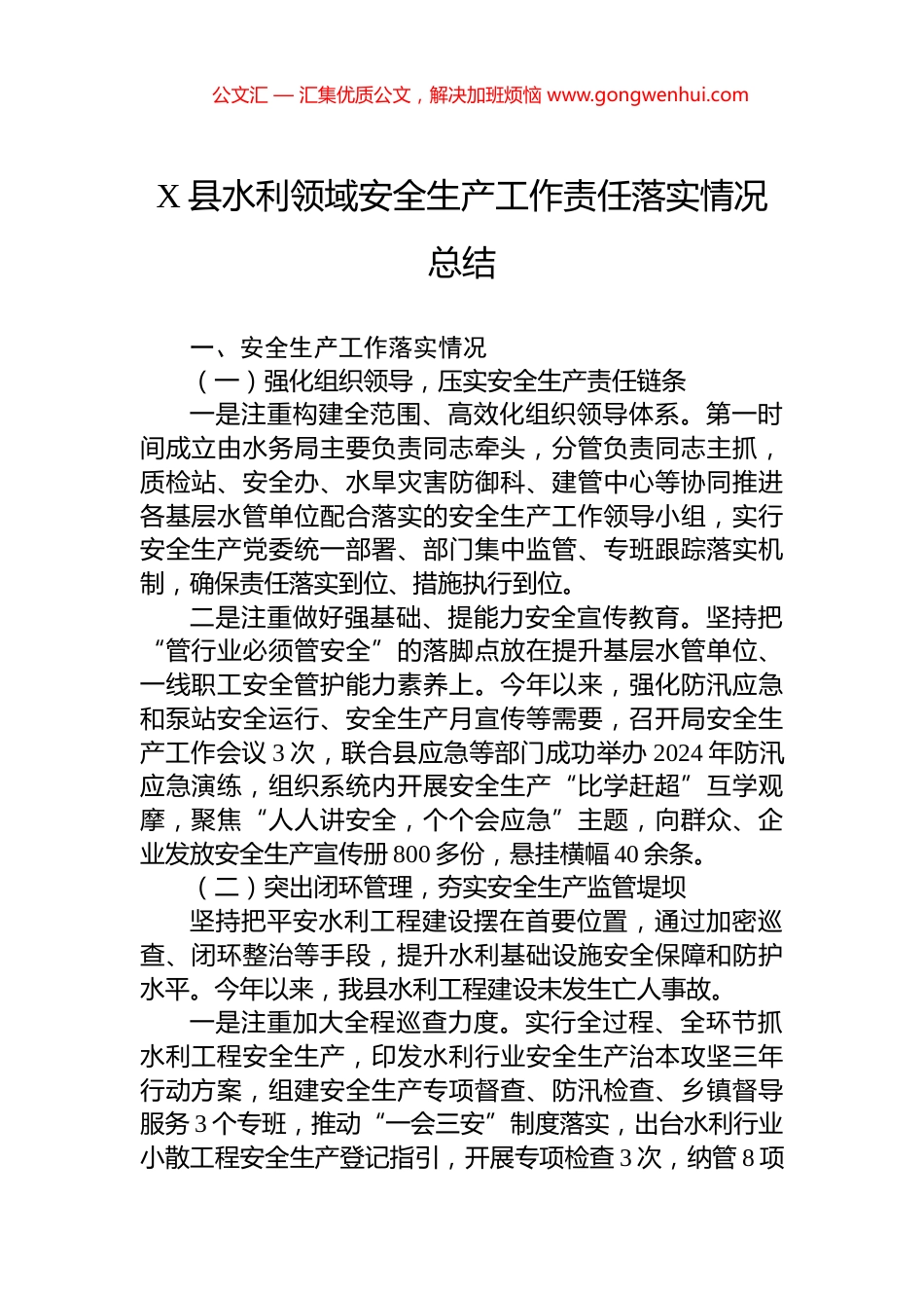 X县水利领域安全生产工作责任落实情况总结_第1页
