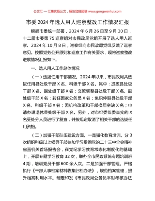 市委2024年选人用人巡察整改工作情况汇报