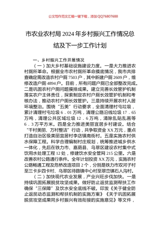 市农业农村局2024年乡村振兴工作情况总结及下一步工作计划
