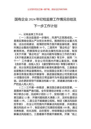 国有企业2024年纪检监察工作情况总结及下一步工作计划