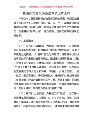 整治形式主义为基层减负工作汇报