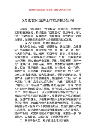 XX市文化旅游工作推进情况汇报