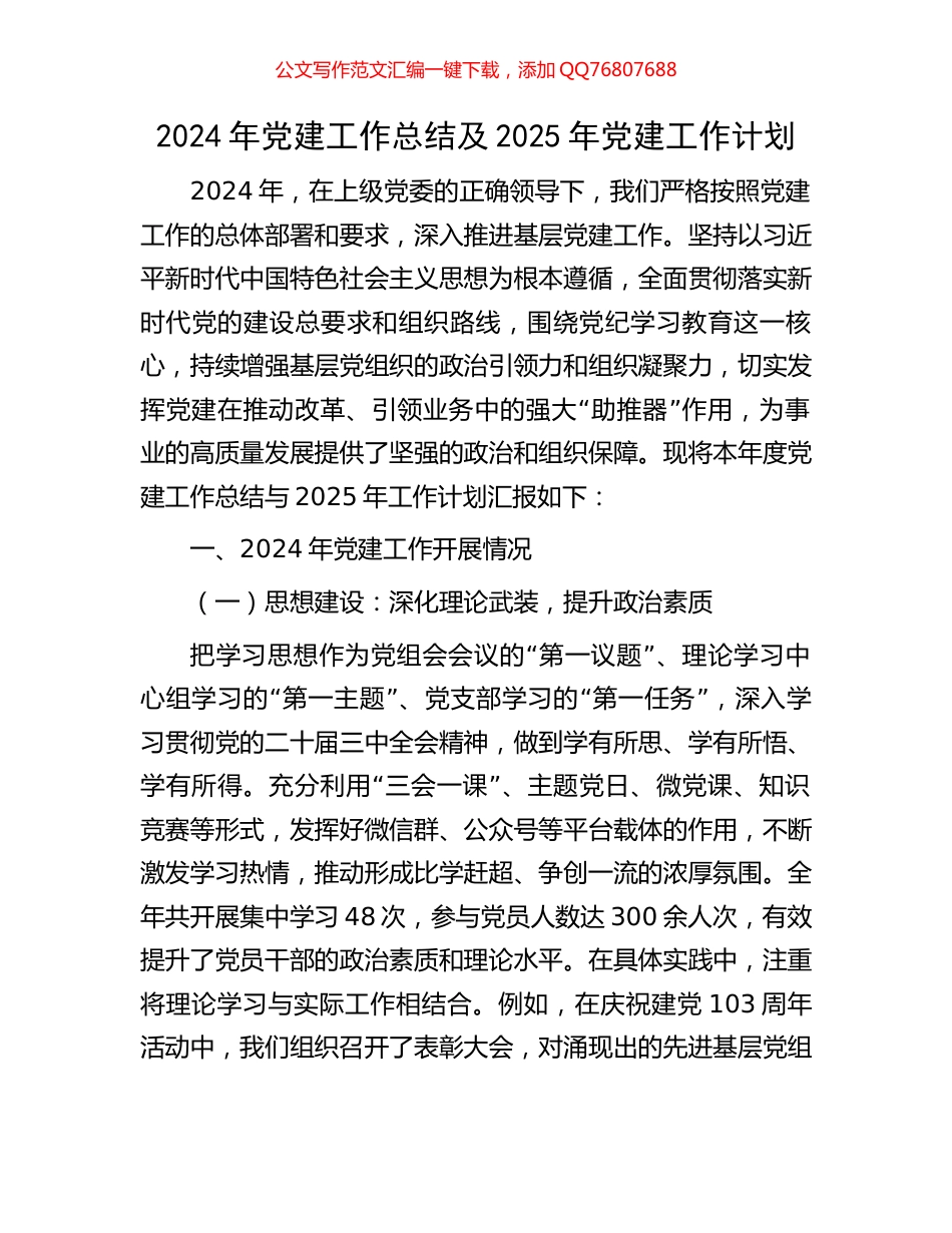 2024年党建工作总结及2025年党建工作计划_第1页