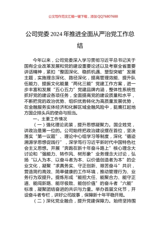 公司党委2024年推进全面从严治党工作总结