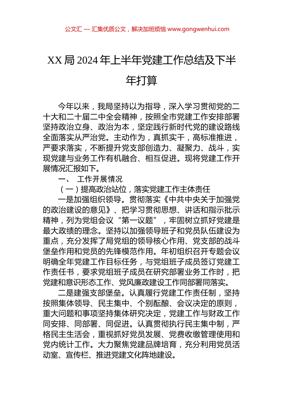 XX局2024年上半年党建工作总结及下半年打算_第1页
