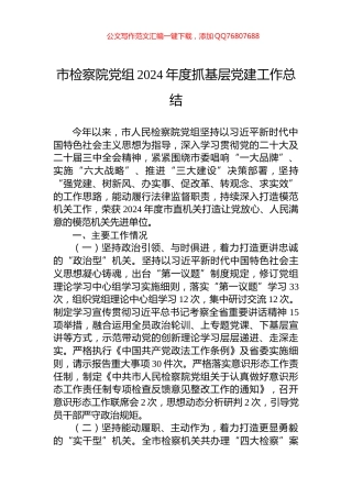 市检察院党组2024年度抓基层党建工作总结