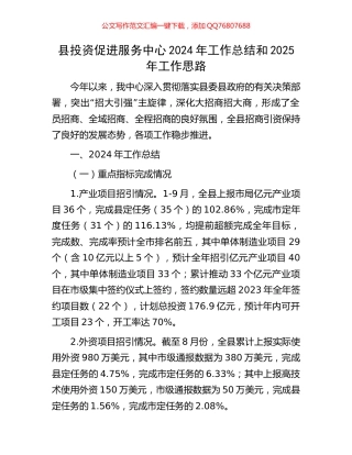 县投资促进服务中心2024年工作总结和2025年工作思路