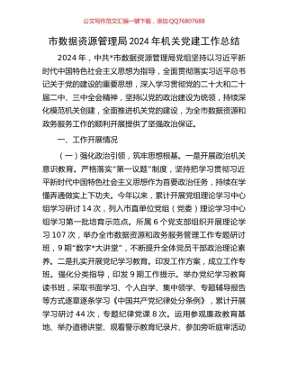 市数据资源管理局2024年机关党建工作总结