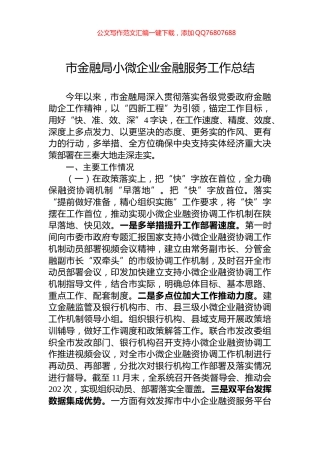 市金融局小微企业金融服务工作总结