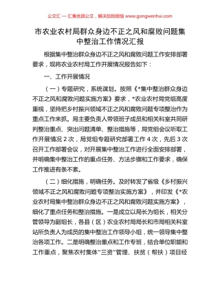 市农业农村局群众身边不正之风和腐败问题集中整治工作情况汇报