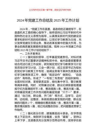 2024年党建工作总结及2025年工作计划