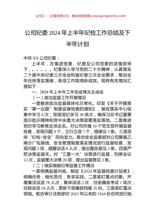 公司纪委2024年上半年纪检工作总结及下半年计划