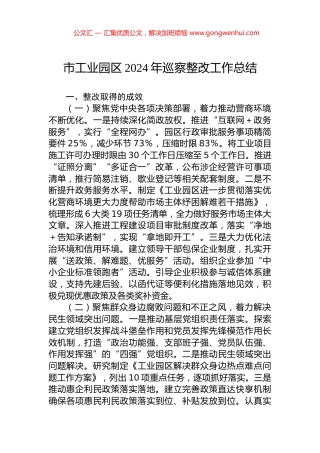 市工业园区2024年巡察整改工作总结