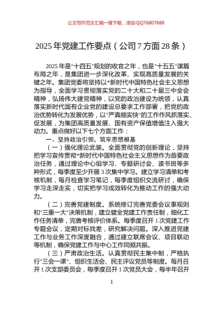 2025年党建工作要点（公司7方面28条）