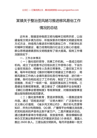 某镇关于整治歪风陋习推进移风易俗工作情况的总结