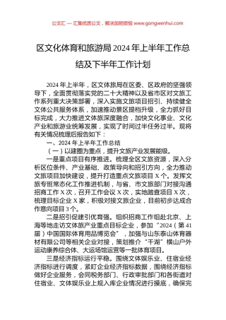 区文化体育和旅游局2024年上半年工作总结及下半年工作计划