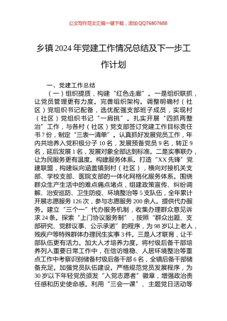 乡镇2024年党建工作情况总结及下一步工作计划