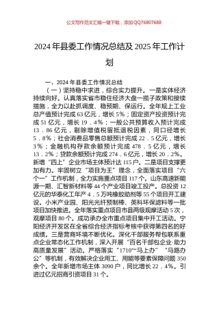2024年县委工作情况总结及2025年工作计划