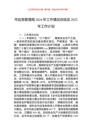 市应急管理局2024年工作情况总结及2025年工作计划