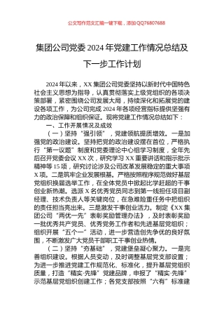 集团公司党委2024年党建工作情况总结及下一步工作计划
