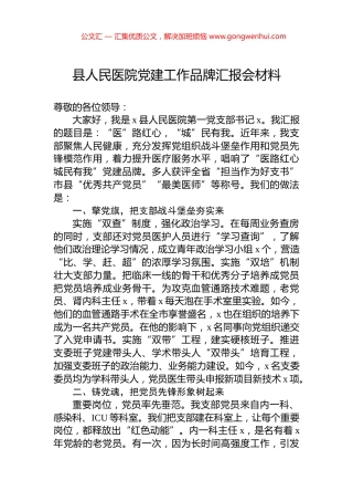 县人民医院党建工作品牌汇报会材料