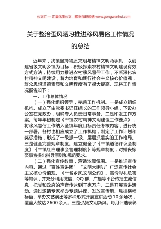 关于整治歪风陋习推进移风易俗工作情况的总结