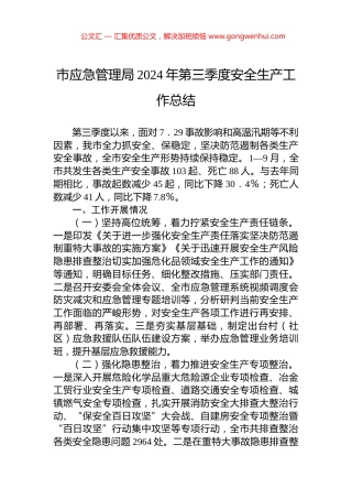 市应急管理局2024年第三季度安全生产工作总结
